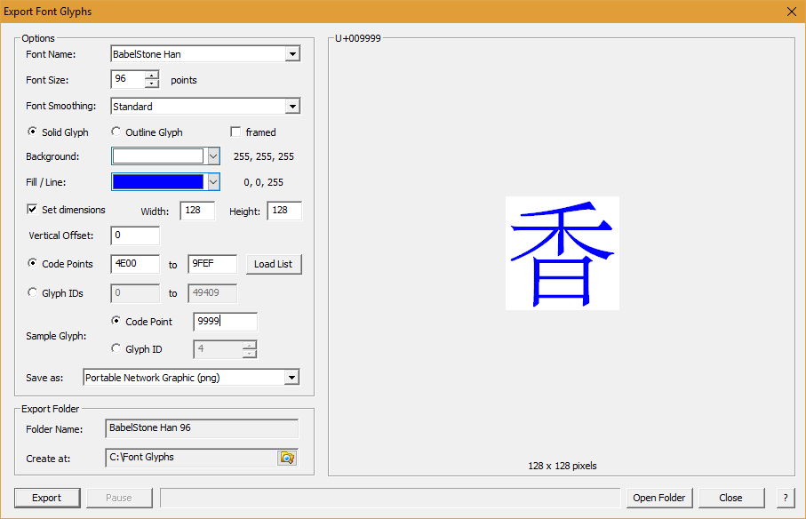 BabelMap Export Font Glyphs dialog box