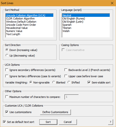 BabelPad Sort Lines dialog box